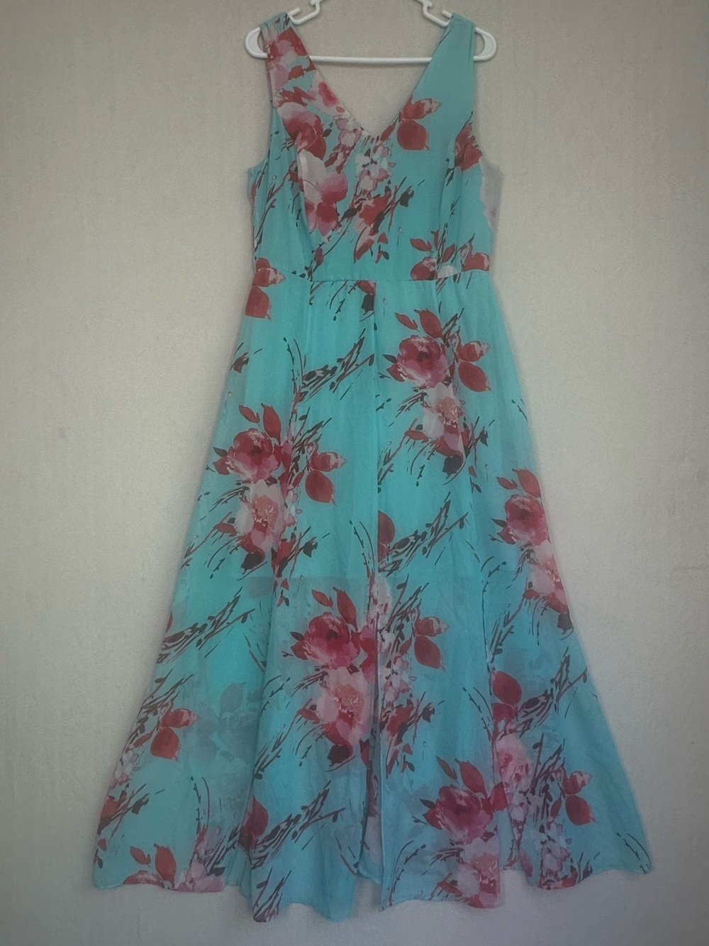 Aqua Blue Floral V-Neck Maxi Dress with Pink Blooms Sz 12 Attached Tie Vintage